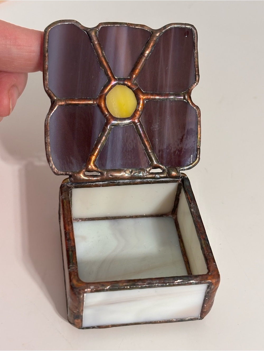 Handmade Stained Glass Trinket Ring Box Purple Flower Yellow Center 2” X 2” Box